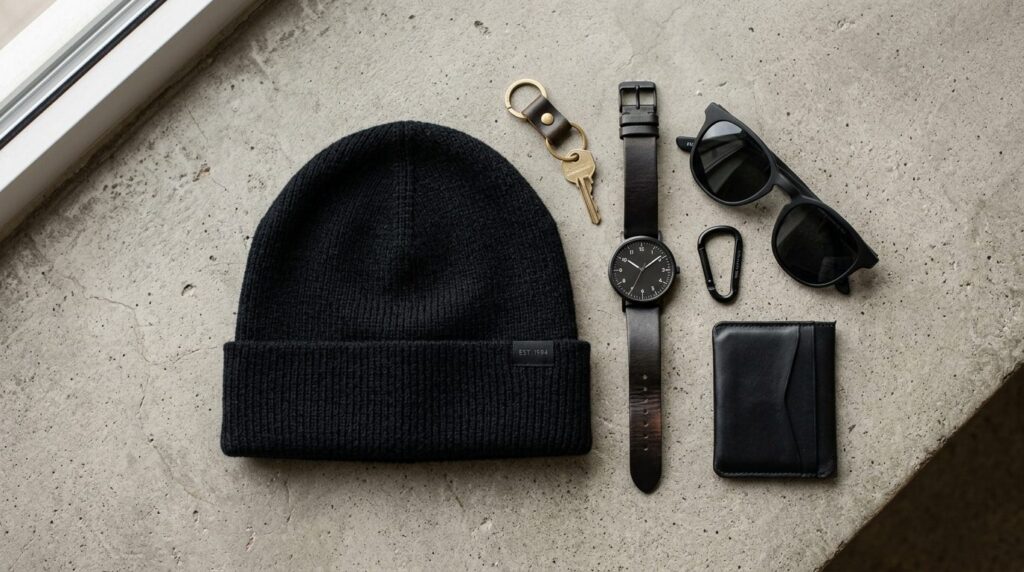 Sort ulden skullcap set oppefra med detaljer af strikning og tekstur.