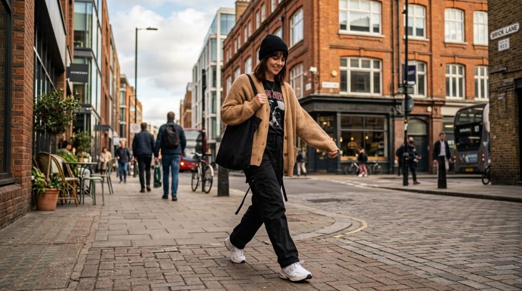 Kvinde i sort skullcap fotograferet på gaden i streetstyle-stil.